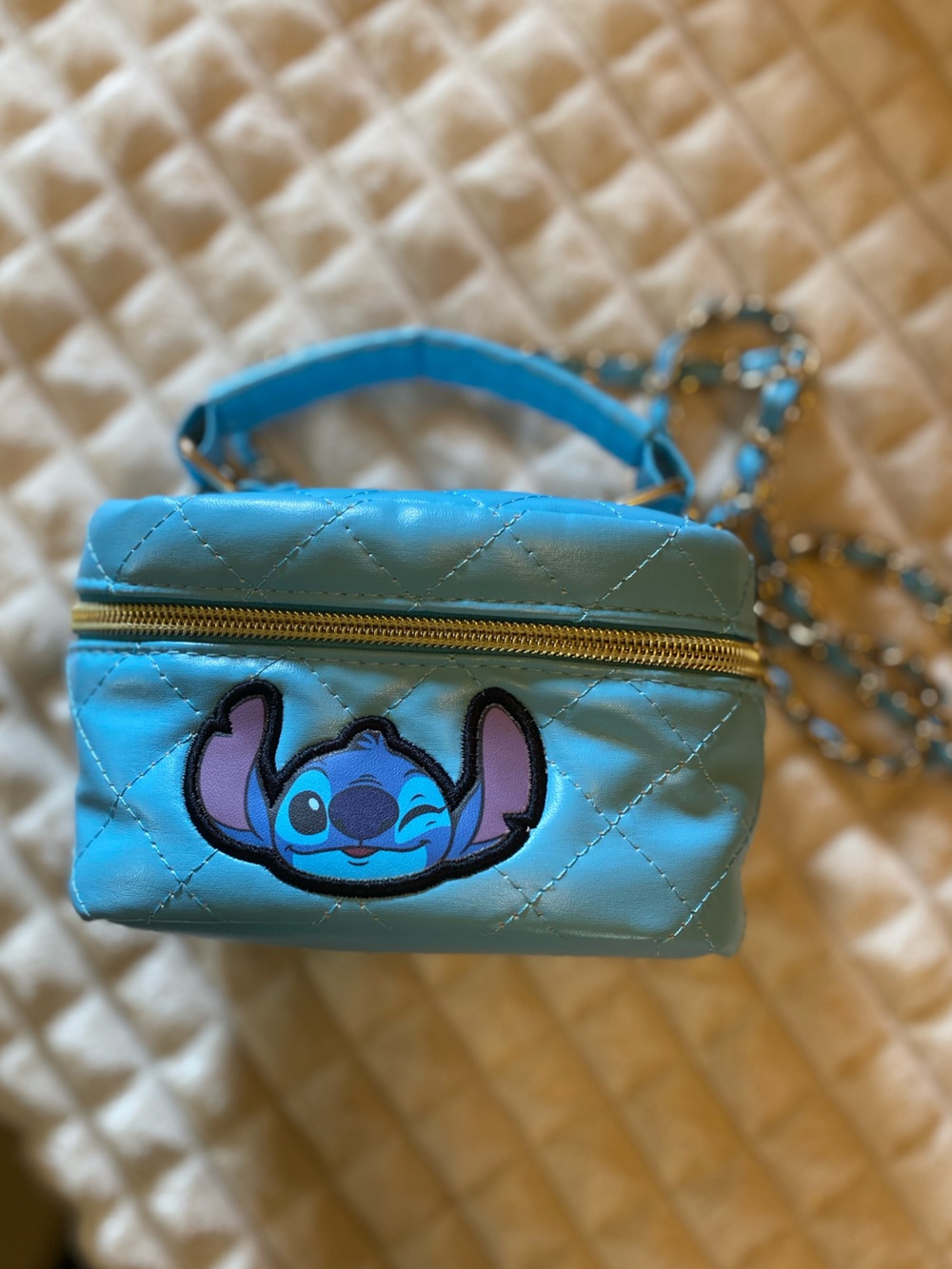 Disney Stitch Light Blue Quilted Crossbody Bag with Gold Hardware